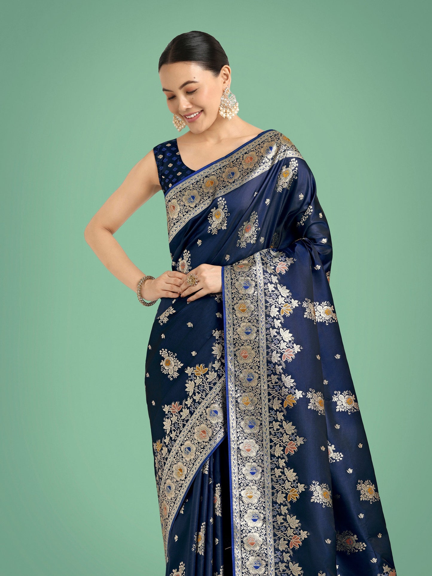 Monjolika Fashion Dark blue Glamour and Tradition With This Zari Woven Banarasi Satin Silk Saree | Swadesiicart