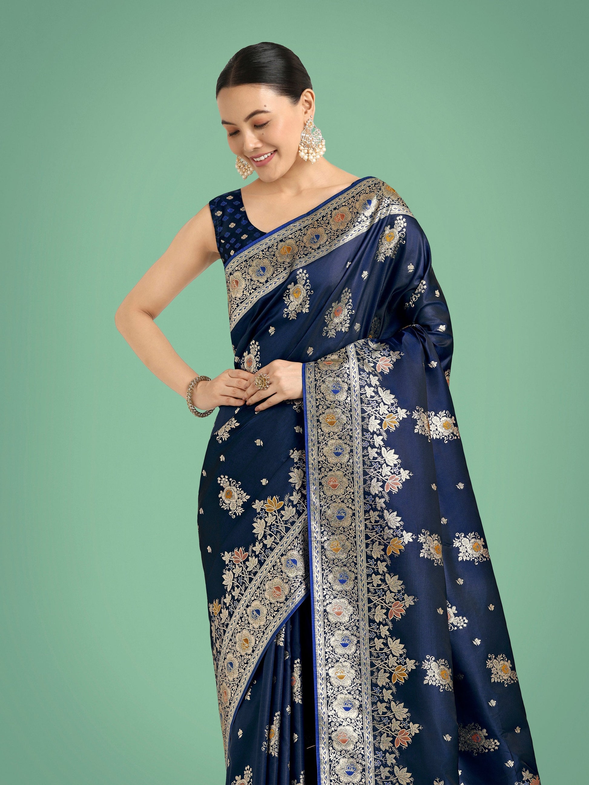 Monjolika Fashion Dark blue Glamour and Tradition With This Zari Woven Banarasi Satin Silk Saree | Swadesiicart