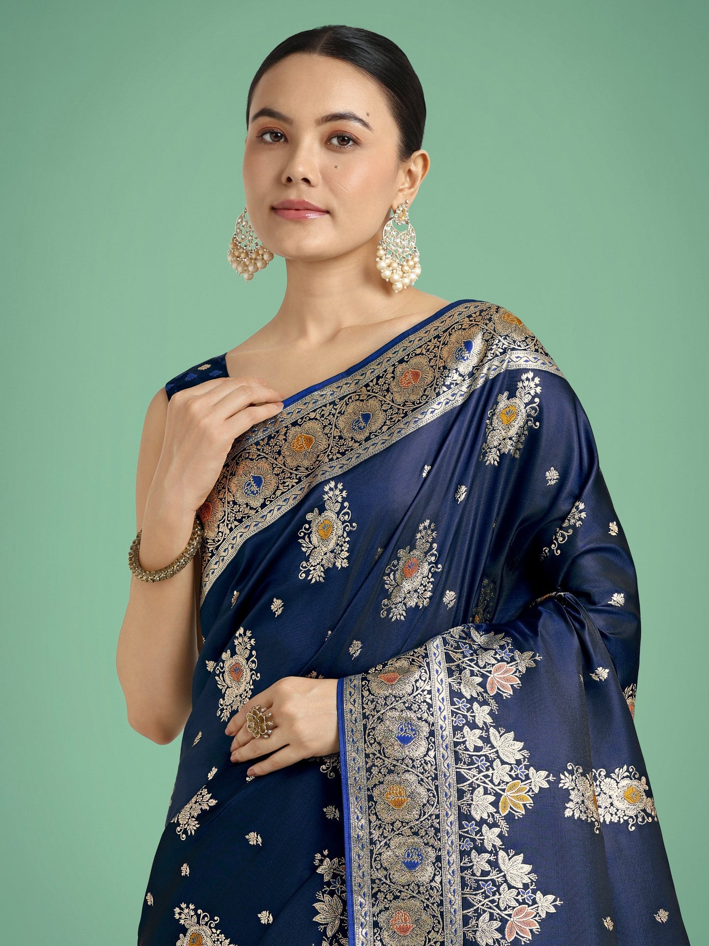 Monjolika Fashion Dark blue Glamour and Tradition With This Zari Woven Banarasi Satin Silk Saree | Swadesiicart