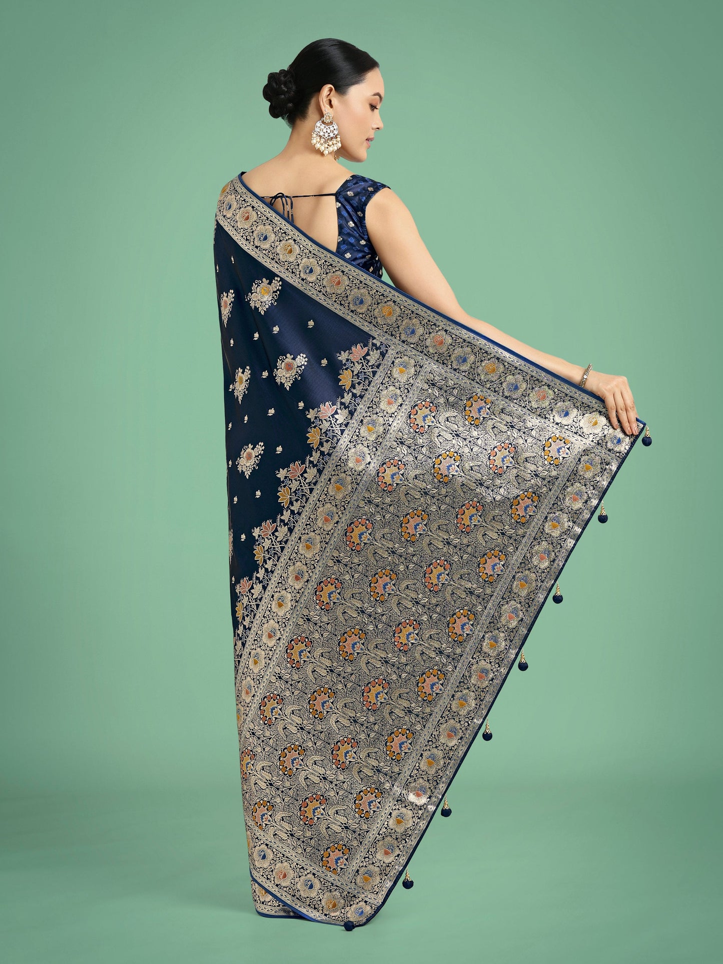 Monjolika Fashion Dark blue Glamour and Tradition With This Zari Woven Banarasi Satin Silk Saree | Swadesiicart