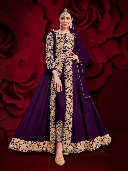 Myra Purple Georgette Embroidered Anarkali Pant Style Suit | Swadesiicart