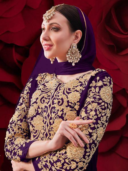 Myra Purple Georgette Embroidered Anarkali Pant Style Suit | Swadesiicart