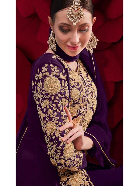 Myra Purple Georgette Embroidered Anarkali Pant Style Suit | Swadesiicart