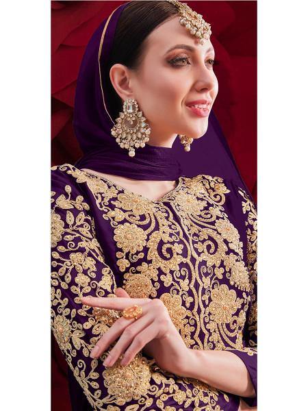 Myra Purple Georgette Embroidered Anarkali Pant Style Suit | Swadesiicart