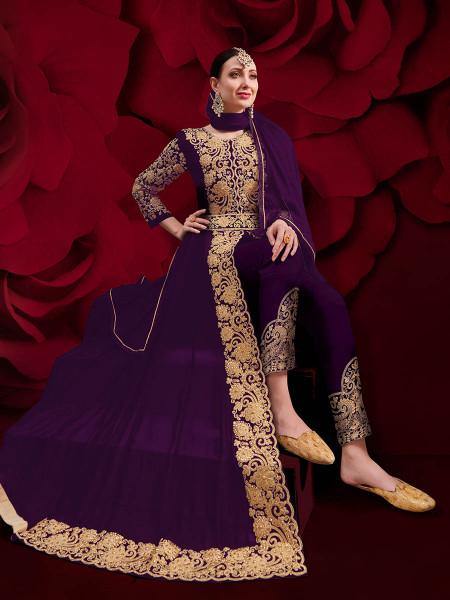 Myra Purple Georgette Embroidered Anarkali Pant Style Suit | Swadesiicart