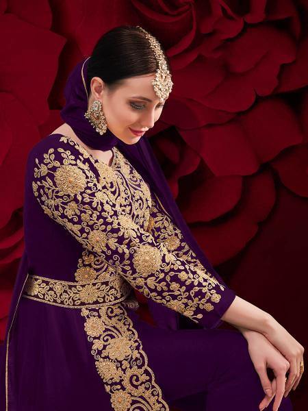 Myra Purple Georgette Embroidered Anarkali Pant Style Suit | Swadesiicart