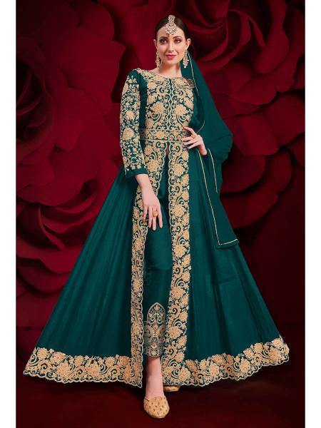Myra Dark Green Georgette Embroidered Anarkali Pant Style Suit | Swadesiicart