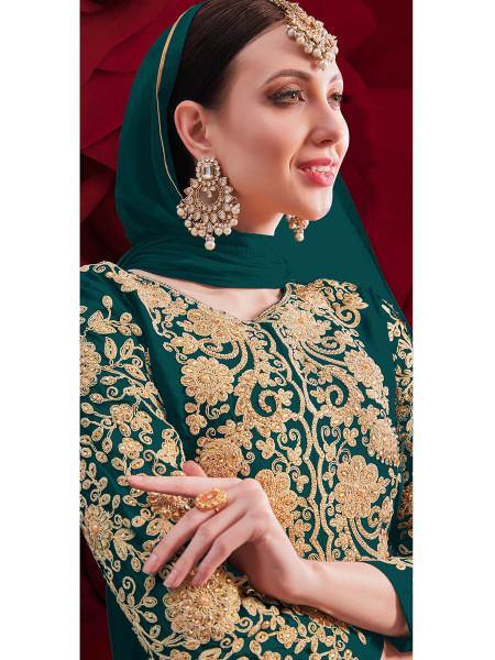 Myra Dark Green Georgette Embroidered Anarkali Pant Style Suit | Swadesiicart