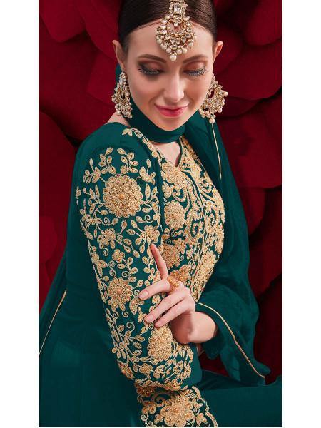 Myra Dark Green Georgette Embroidered Anarkali Pant Style Suit | Swadesiicart