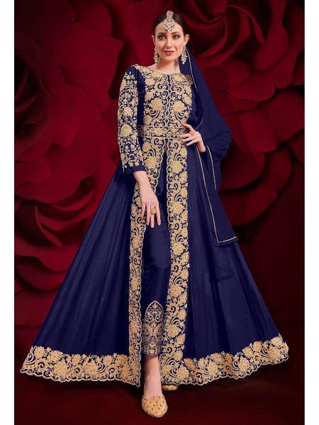 Myra Navy Blue Georgette Embroidered Anarkali Pant Style Suit | Swadesiicart