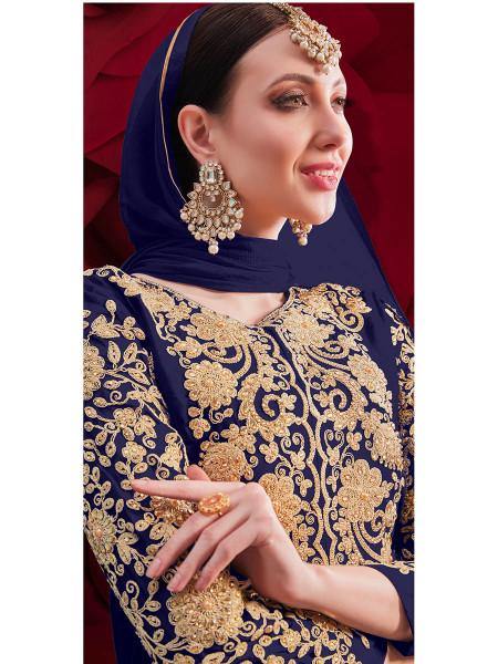 Myra Navy Blue Georgette Embroidered Anarkali Pant Style Suit | Swadesiicart