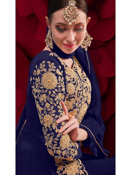 Myra Navy Blue Georgette Embroidered Anarkali Pant Style Suit | Swadesiicart