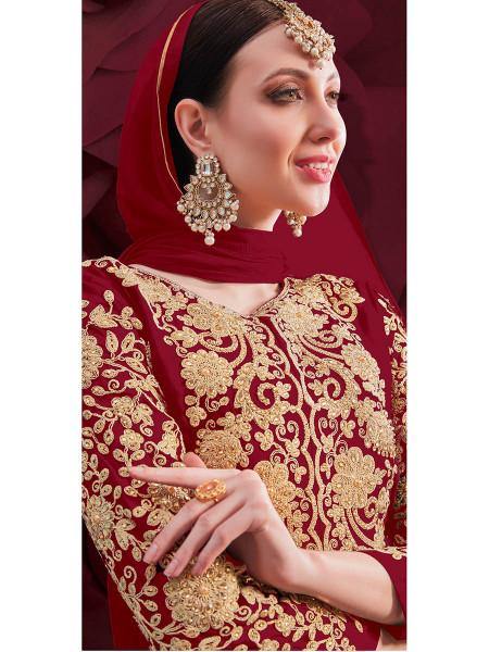Myra Maroon Georgette Embroidered Anarkali Pant Style Suit | Swadesiicart