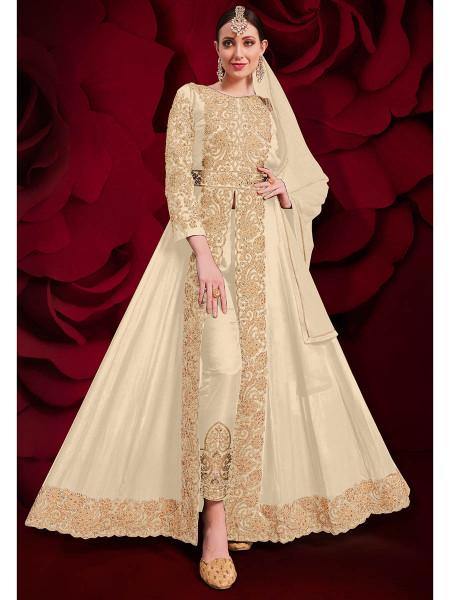 Myra Cream Georgette Embroidered Anarkali Pant Style Suit | Swadesiicart
