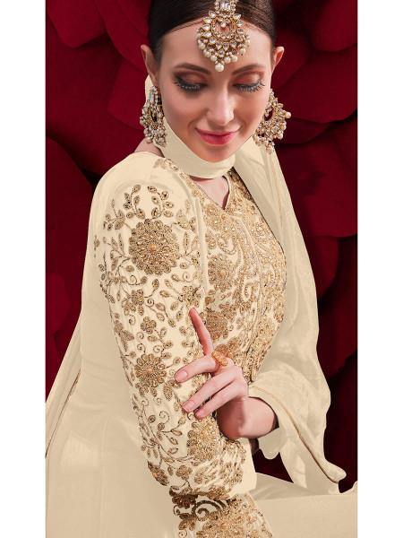 Myra Cream Georgette Embroidered Anarkali Pant Style Suit | Swadesiicart