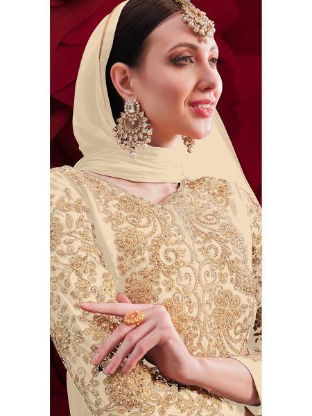 Myra Cream Georgette Embroidered Anarkali Pant Style Suit | Swadesiicart
