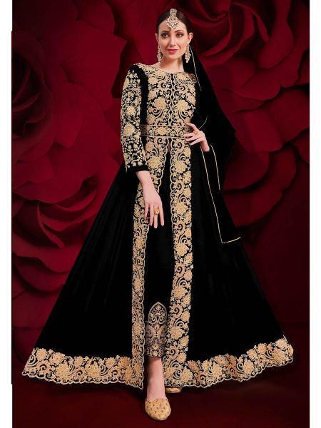 Myra Black Georgette Embroidered Anarkali Pant Style Suit | Swadesiicart