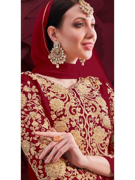 Myra Wine Georgette Embroidered Anarkali Pant Style Suit | Swadesiicart