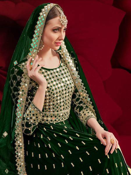 Myra Green Georgette Embroidered Anarkali Pant Style Suit | Swadesiicart