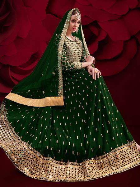 Myra Green Georgette Embroidered Anarkali Pant Style Suit | Swadesiicart