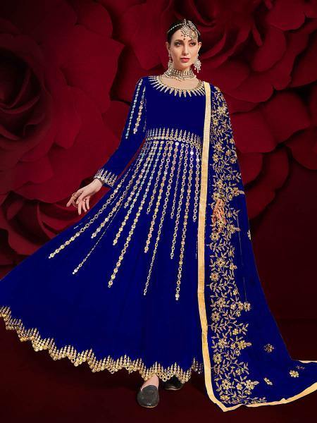 Myra Royal Blue Georgette Embroidered Anarkali Pant Style Suit | Swadesiicart