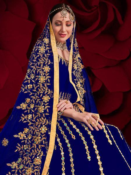 Myra Royal Blue Georgette Embroidered Anarkali Pant Style Suit | Swadesiicart