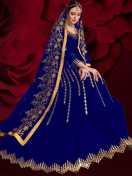 Myra Royal Blue Georgette Embroidered Anarkali Pant Style Suit | Swadesiicart