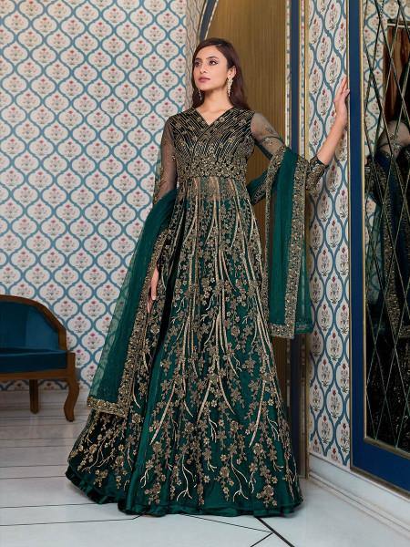 Myra Peacock Blue Net Embroidery Gown | Swadesiicart