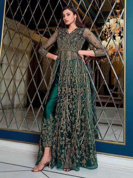 Myra Peacock Blue Net Embroidery Gown | Swadesiicart