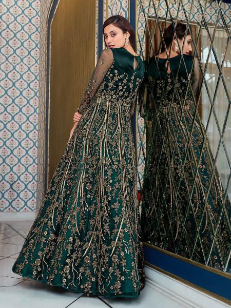 Myra Peacock Blue Net Embroidery Gown | Swadesiicart