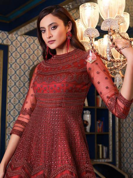 Myra Maroon Net Embroidery Gown | Swadesiicart