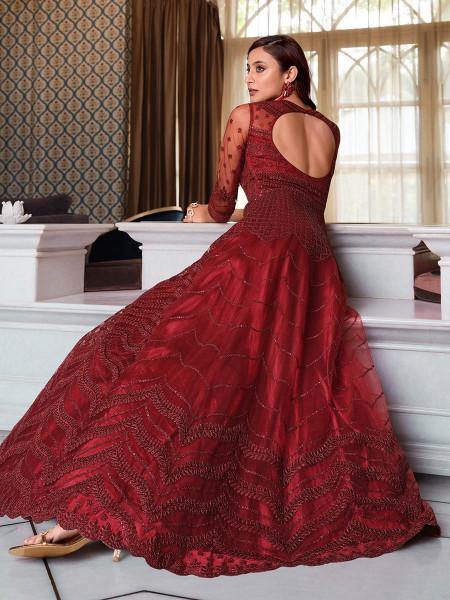 Myra Maroon Net Embroidery Gown | Swadesiicart