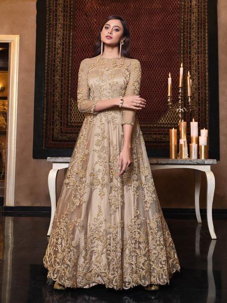 Myra Beige Net Embroidery Beautiful Gown | Swadesiicart