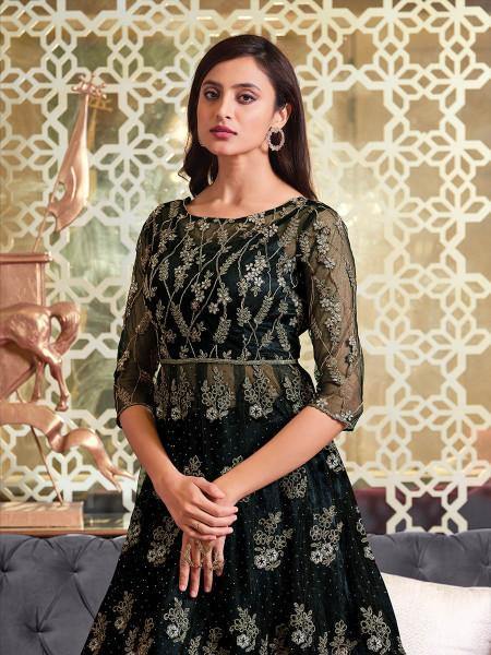 Myra Black Net Embroidery Gown | Swadesiicart