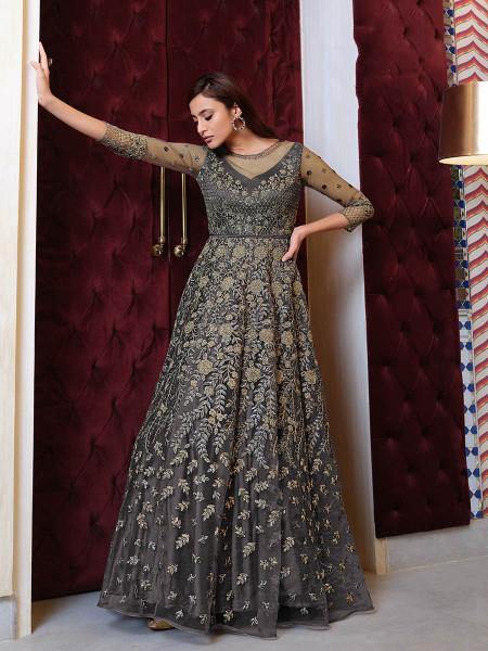 Myra Grey Net Embroidery Gown | Swadesiicart