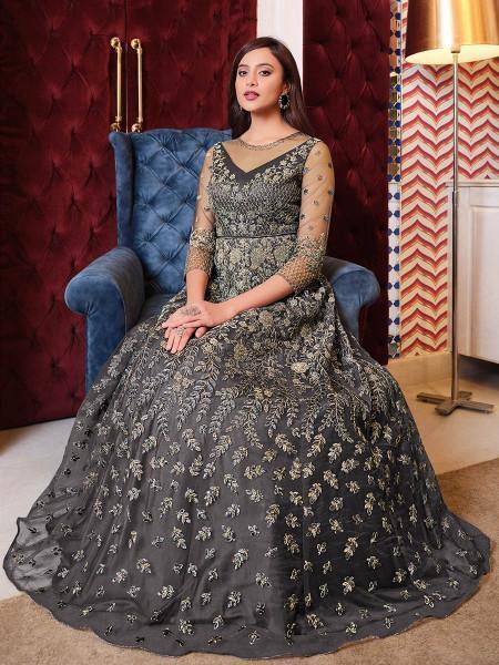 Myra Grey Net Embroidery Gown | Swadesiicart
