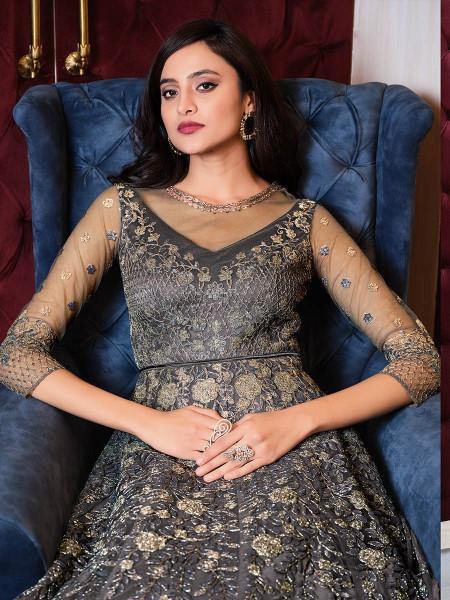 Myra Grey Net Embroidery Gown | Swadesiicart