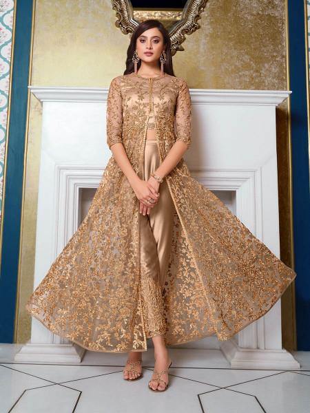Myra Beige Net Embroidery Gown | Swadesiicart