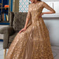 Myra Beige Net Embroidery Gown | Swadesiicart