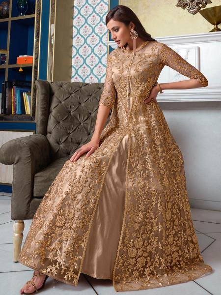 Myra Beige Net Embroidery Gown | Swadesiicart