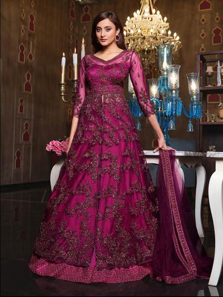 Myra Hot Pink Net Embroidery Gown | Swadesiicart
