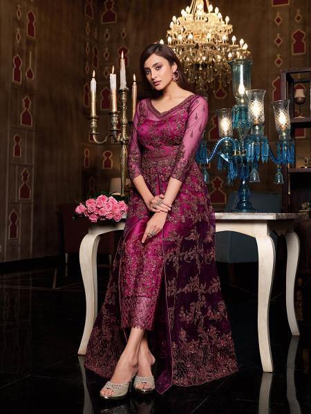 Myra Hot Pink Net Embroidery Gown | Swadesiicart