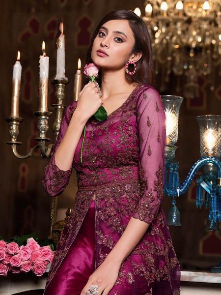 Myra Hot Pink Net Embroidery Gown | Swadesiicart