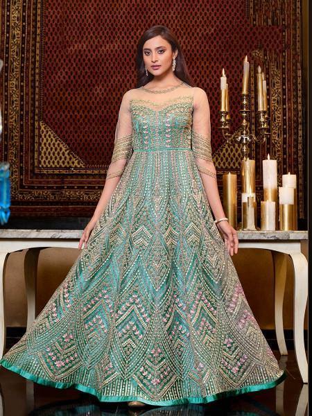 Myra Mint Blue Net Embroidery Gown | Swadesiicart