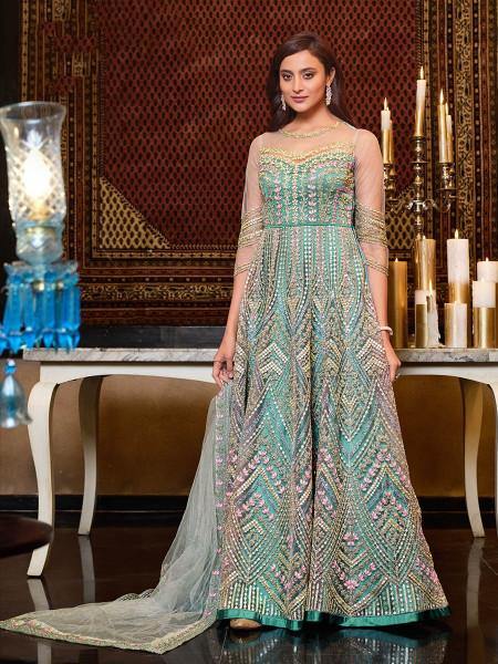 Myra Mint Blue Net Embroidery Gown | Swadesiicart