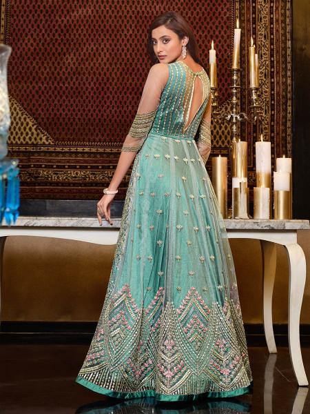 Myra Mint Blue Net Embroidery Gown | Swadesiicart