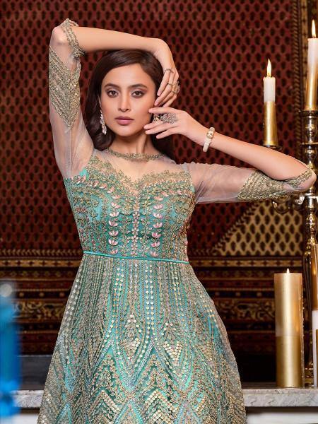 Myra Mint Blue Net Embroidery Gown | Swadesiicart