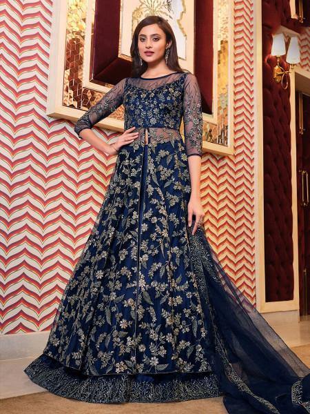 Myra Navy Blue Net Embroidery Gown | Swadesiicart