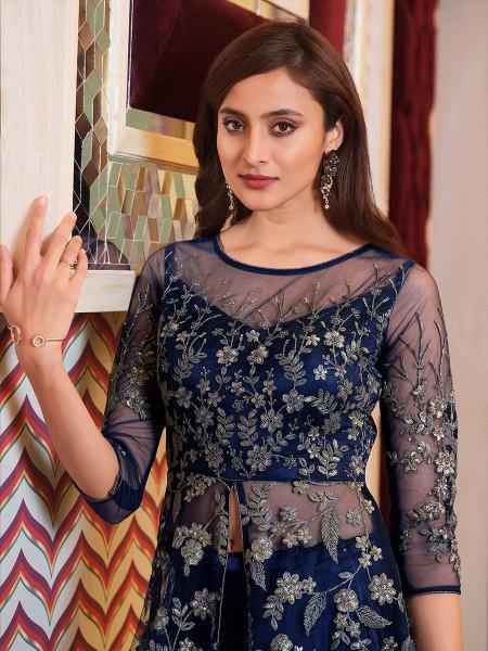 Myra Navy Blue Net Embroidery Gown | Swadesiicart