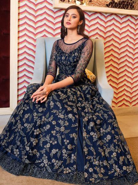 Myra Navy Blue Net Embroidery Gown | Swadesiicart